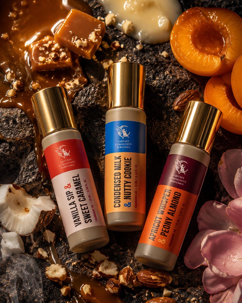 May include: Three perfume bottles with gold caps and colorful labels, featuring the text "Vanilla Sip & Sweet Caramel", "Condensed Milk & Nutty Cookie", and "Apricot Whisper & Peony Almond". The bottles are surrounded by nuts, caramel, and fruit.