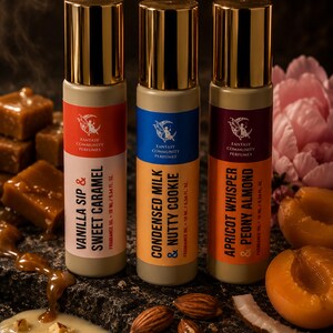 May include: Three perfume bottles with gold caps and colorful labels. The labels read "Vanilla Sip & Sweet Caramel", "Condensed Milk & Nutty Cookie", and "Apricot Whisper & Peony Almond". Each bottle contains 10 ml / 0.34 fl oz of fragrance oil.