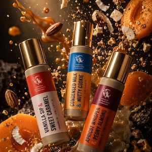 May include: Three perfume bottles with gold caps and labels that read "Vanilla Sip & Sweet Caramel", "Condensed Milk & Nutty Cookie", and "Apricot Whisper & Peony Almond". The image includes almonds, apricots, and caramel.