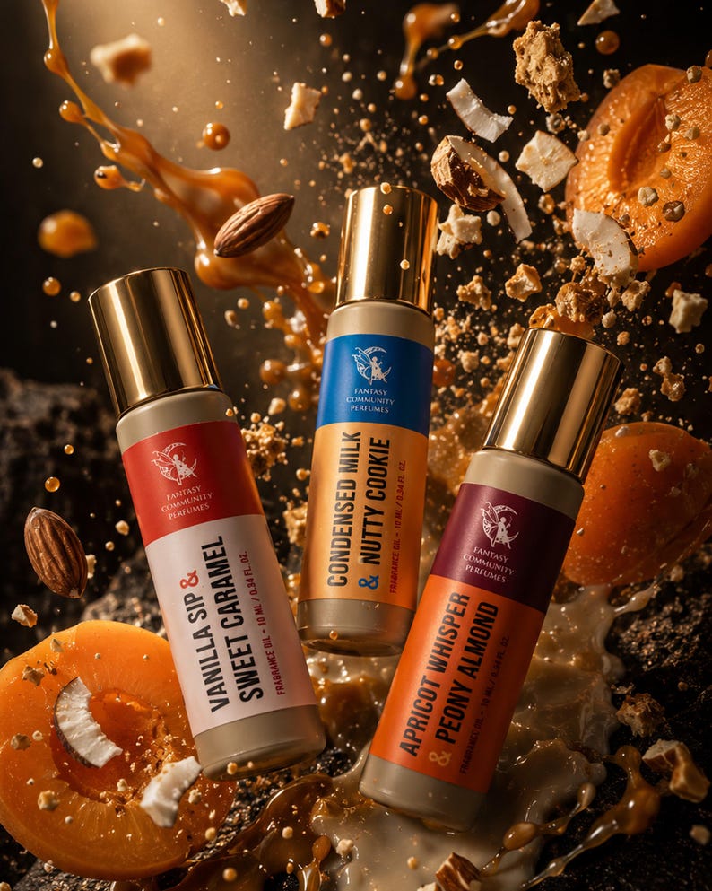 May include: Three perfume bottles with gold caps and labels that read "Vanilla Sip & Sweet Caramel", "Condensed Milk & Nutty Cookie", and "Apricot Whisper & Peony Almond". The image includes almonds, apricots, and caramel.