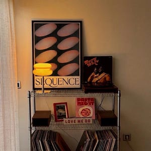 May include: A metal wire shelving unit holding a collection of vinyl records, a Barry White album, a Pasta Night book, a red picture frame, a Love Me Do sign, and a glowing yellow lamp next to a framed Sequence poster with oval patterns.