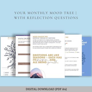 Könnte beinhalten: Ein digitaler Download mit einem Mood-Tracker-Baum mit Reflexionsfragen. Das Design umfasst Seiten mit Baumillustrationen, Text und einer Farbpalette aus Blau, Weiß und Gold. Der Text lautet: "Emotionen sind wie Jahreszeiten - jede hat ihren Zweck, und alle bringen Wachstum."