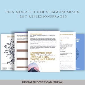 Op de afbeelding: Een digitale download (PDF A4) met een stemmingsdagboek met reflectievragen. Het dagboek bevat pagina's met tekst en afbeeldingen, waaronder een berglandschap en botanische illustraties. De titel is "DEIN MONATLICHER STIMMUNGSBAUM".