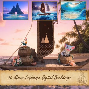 May include: A set of 10 digital backdrops featuring landscapes from the animated film Moana. The backdrops include a tropical island, a blue ocean with a sailboat, and a beach with palm trees. The backdrops are perfect for creating digital art, photo editing, or scrapbooking.