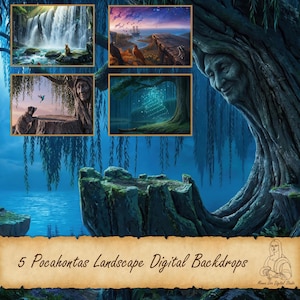 Puede incluir: Cinco fondos digitales de paisajes inspirados en Pocahontas. Las imágenes incluyen una cascada, una vista costera con aves, una escena de bosque con luces brillantes y un árbol con una cara. El texto dice "5 Pocahontas Landscape Digital Backdrops".