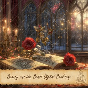 Beauty and the Beast Digital Background, Princess Backdrop, Fairytale Photography Composite, Magical Book, Children Photo Manipulation