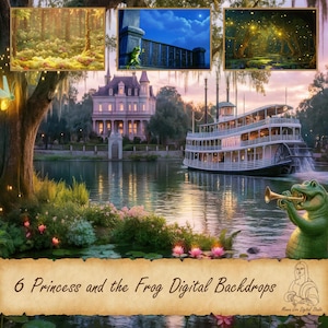 Puede incluir: Fondos digitales inspirados en "Tiana y el Sapo". La imagen muestra un barco fluvial, una mansión y una rana tocando la trompeta. Escenas adicionales incluyen un bosque y una rana en un balcón. El texto dice "6 Princess and the Frog Digital Backdrops."