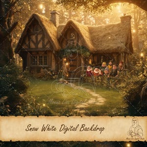 Puede incluir: Un telón de fondo digital que presenta una cabaña con techo de paja, rodeada de árboles y luces brillantes. Siete enanos están de pie frente a la cabaña, mirando al espectador. El texto "Snow White Digital Backdrop" está escrito en un rollo en la parte inferior de la imagen.