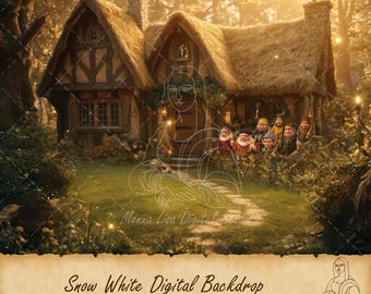 Digitale achtergrond Sneeuwwitje huisje: prinses achtergrond, sprookjesfotografie, fantasielandschap, dwergen, huisje, fotomanipulatie
