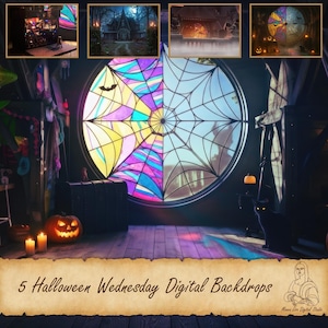 Op de afbeelding: Een digitale achtergrondset met vijf Halloween-scènes. De hoofdafbeelding toont een glas-in-loodraam met een spinnenwebontwerp, een uitgesneden pompoen en de tekst "5 Halloween Wednesday Digital Backdrops."