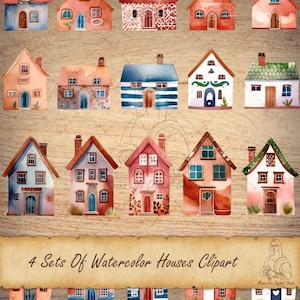 4 Sets of Watercolor Tiny Houses Clipart, Digital Download, Cute, Village Houses, Town Houses, Printable Graphics, Scrapbook, Junk Journal