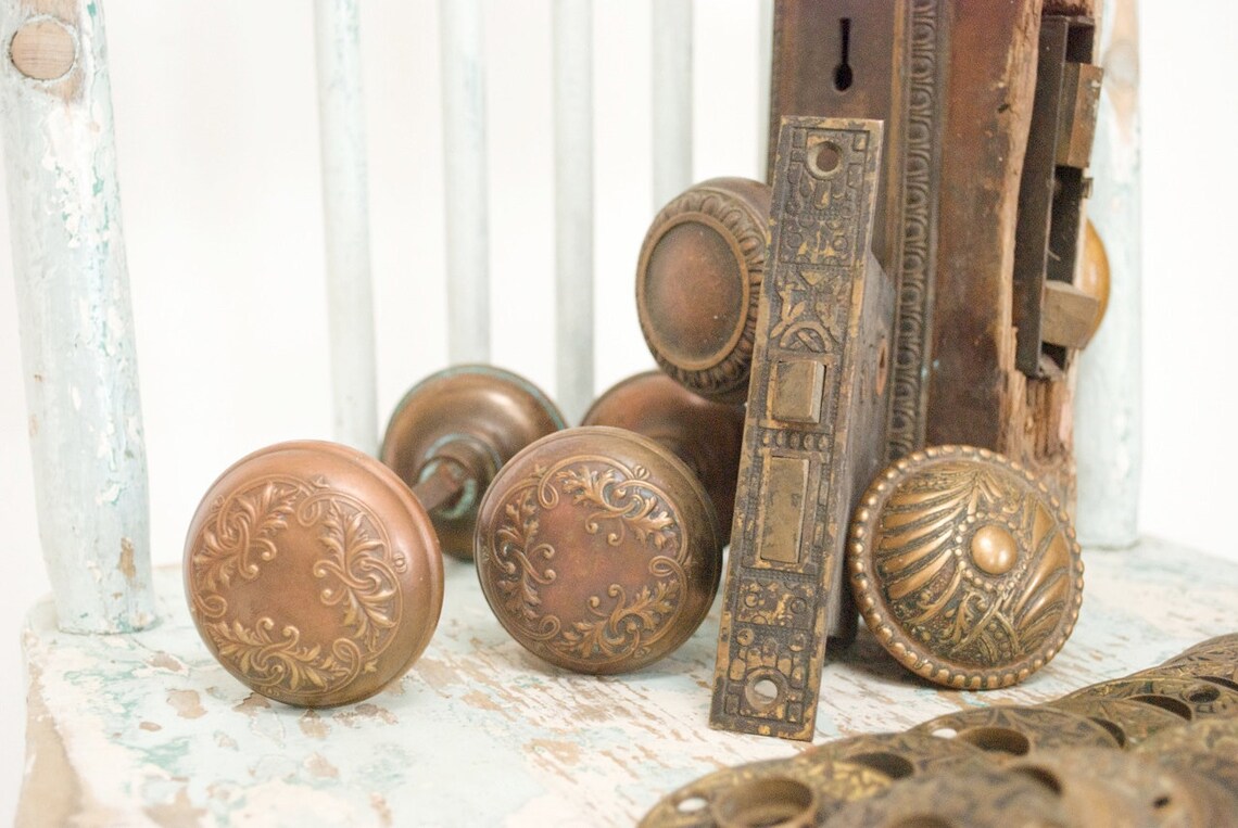 Antique Copper Door Knobs Face Plates and Lock Case / Set of Etsy
