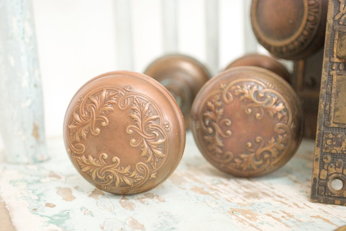 Antique Copper Door Knobs Face Plates and Lock Case / Set of Etsy