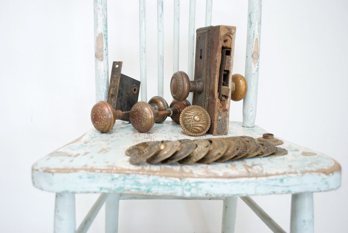 Antique Copper Door Knobs Face Plates and Lock Case / Set of Etsy