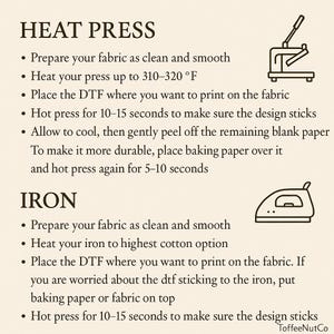 以下が含まれることがあります： 「HEAT PRESS」と「IRON」のタイトルが付いたベージュ色の説明書。布への印刷にヒートプレスとアイロンを使用するための手順が記載されています。ガイドには、ヒートプレスとアイロンのイラストが含まれています。