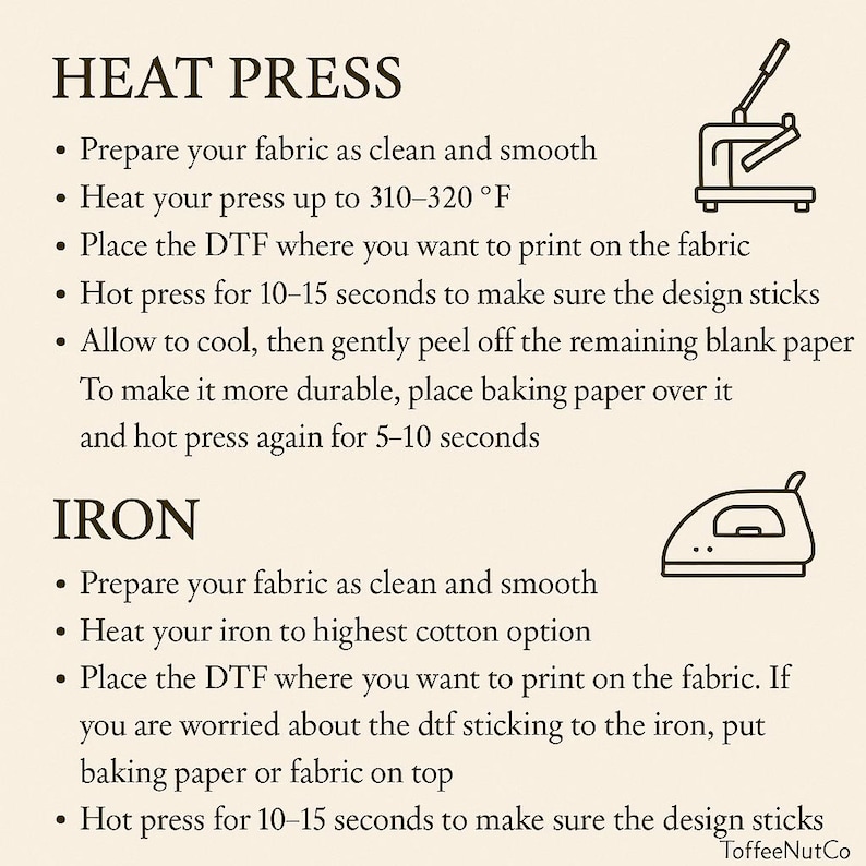 以下が含まれることがあります： 「HEAT PRESS」と「IRON」のタイトルが付いたベージュ色の説明書。布への印刷にヒートプレスとアイロンを使用するための手順が記載されています。ガイドには、ヒートプレスとアイロンのイラストが含まれています。