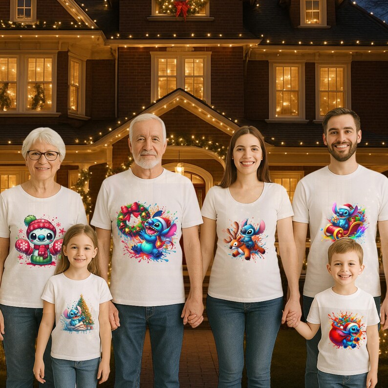 May include: A group of people wearing white t-shirts with colorful cartoon character designs. The designs include a penguin, Stitch with a wreath, Stitch with a reindeer, Stitch on a sleigh, and Stitch with a gift bag. The background is a house decorated with Christmas lights.