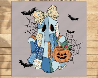 Patchwork Ghost DTF Transfer, Ready to press Halloween Decal, Retro Halloween ghost Heat press, Halloween gift, iron on trendy Halloween