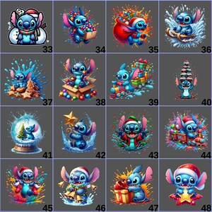 May include: A collection of digital art featuring the character Stitch in various Christmas-themed scenes. Stitch is depicted with a Santa hat, surrounded by gifts, snow, and festive decorations. Each image has a unique splash art background.