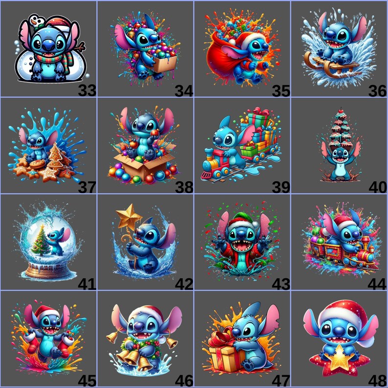 May include: A collection of digital art featuring the character Stitch in various Christmas-themed scenes. Stitch is depicted with a Santa hat, surrounded by gifts, snow, and festive decorations. Each image has a unique splash art background.