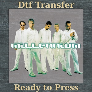 May include: A DTF transfer featuring a group of five people in white outfits. The word "Millennium" is displayed in a stylized font. The text "Ready to Press" is at the bottom, and "DTF Transfer" is at the top.
