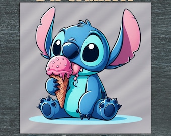 Stitch eating ice cream DTF transfer, ready to press funny stitch diy iron on print, lilo and stitch, stitch heat transfer, summer gift