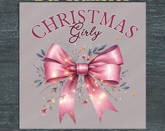 Christmas Girly Pink Bow DTF Transfer,Ready to press Holiday Ribbon, Cute Feminine Christmas  heat press, iron on Winter xmas Lights