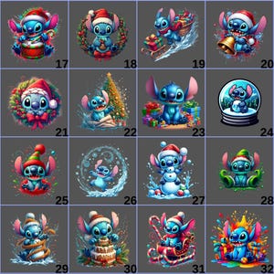 May include: A collection of digital illustrations featuring the character Stitch in various Christmas-themed scenes. Each image showcases Stitch in festive attire, surrounded by holiday elements like wreaths, gifts, and snow. The images are numbered 17 through 32.