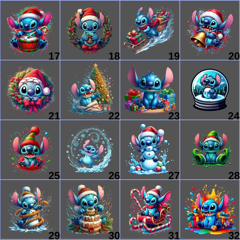 May include: A collection of digital illustrations featuring the character Stitch in various Christmas-themed scenes. Each image showcases Stitch in festive attire, surrounded by holiday elements like wreaths, gifts, and snow. The images are numbered 17 through 32.