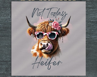 Not today heifer highland cow funny sarcastic animal DTF TRANSFER, ready to press, Animal Quotes dtf,  Sarcastic clipart, highland heifer
