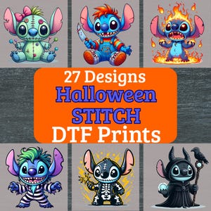May include: A collection of DTF prints featuring Stitch characters in various Halloween-themed designs. The prints showcase Stitch in different costumes and poses, with the text "27 Designs Halloween STITCH DTF Prints" in the center.