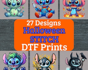 Halloween Stitch DTF transfers bundle, ready to press, witch, zombie, vampire, bat, flame, pumpkin, skeleton, ghost, Sublimation designs