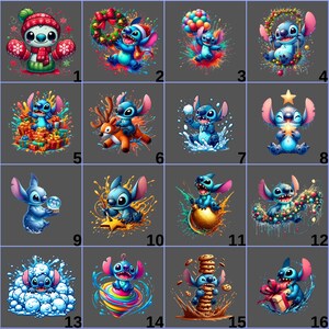 May include: A grid of 16 colorful digital illustrations featuring the character Stitch in various holiday and festive scenes. Stitch is depicted with Christmas decorations, gifts, and winter elements, with vibrant splashes of color.