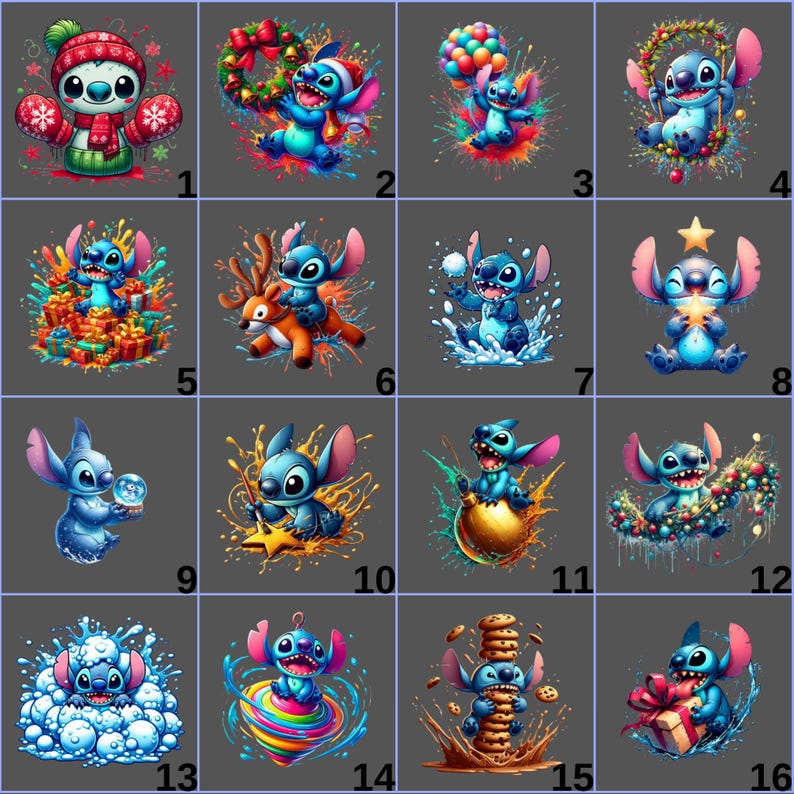 May include: A grid of 16 colorful digital illustrations featuring the character Stitch in various holiday and festive scenes. Stitch is depicted with Christmas decorations, gifts, and winter elements, with vibrant splashes of color.