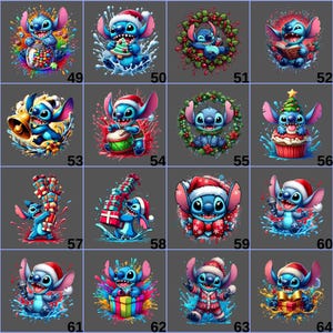 May include: A collection of colorful digital art featuring the character Stitch in various Christmas-themed poses. Stitch is depicted wearing a Santa hat, holding gifts, and surrounded by festive elements like wreaths and ornaments. Each image is numbered.
