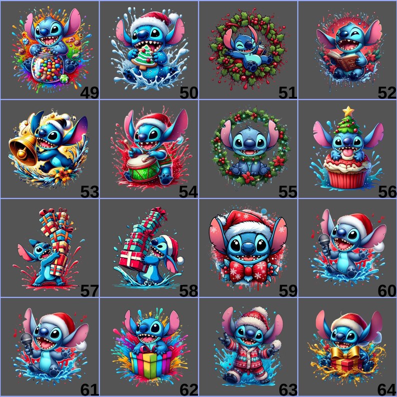 May include: A collection of colorful digital art featuring the character Stitch in various Christmas-themed poses. Stitch is depicted wearing a Santa hat, holding gifts, and surrounded by festive elements like wreaths and ornaments. Each image is numbered.