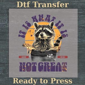Peut inclure: Graphique gris avec un raton laveur mangeant de la pizza, avec le texte "WHAT IT IS AND IT IS NOT GREAT". Le design comprend un soleil orange et les mots "Ready to Press" en bas. Il s'agit d'un transfert DTF.