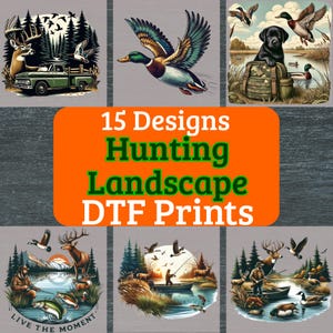 Hunting Landscape clipart DTF transfer, ready to press, hunter print, gift for hunter, hunting dtf, camo, duck, dog, deer, fish apparel
