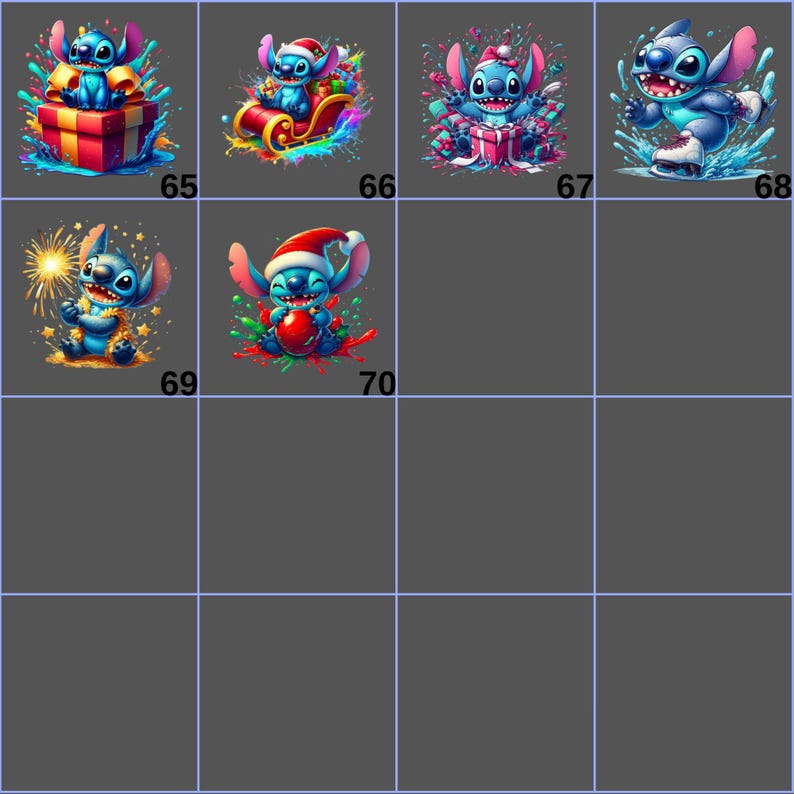May include: A collection of colorful digital art featuring the character Stitch in various holiday-themed scenes. Stitch is depicted with gifts, in a sleigh, with ice skates, and holding a Christmas ornament. The artwork has vibrant colors and a cartoon style.