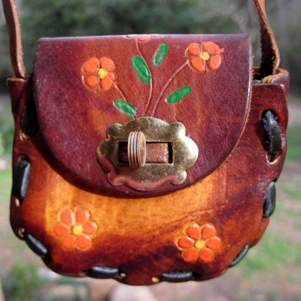 Vintage child's leather purse, bag, pocketbook, Mexico, handpainted, 1950s, red flowers