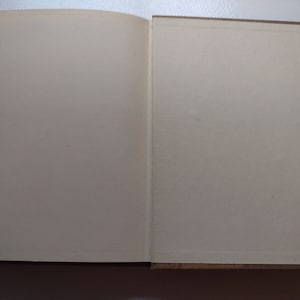 May include: Open book with off-white pages and a brown cover. The pages are blank, and the book is lying open on a surface. The binding is visible, and the edges of the pages are slightly yellowed.