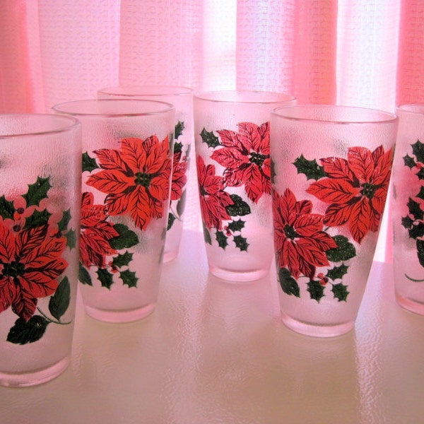 Set of 6 Vintage H. J. Stotter tumblers, red poinsetta flower plastic retro tumber set, H.J. Stotter, 1970s