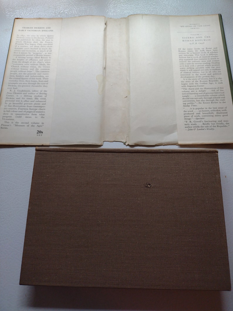 May include: An open book with a brown cover and pages. The left page has text about Charles Dickens and Early Victorian England. The right page has text about Cicero and the Roman Republic.