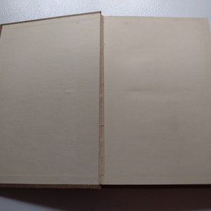 May include: An open book with a brown cover and off-white pages. The binding is visible, showing the stitching that holds the pages together. The pages are blank and ready for writing or reading.
