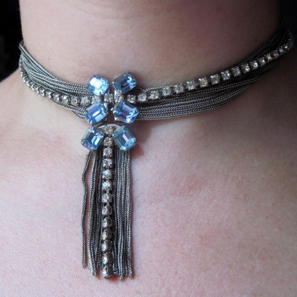 Vintage rhinestone and blue topaz choker necklace
