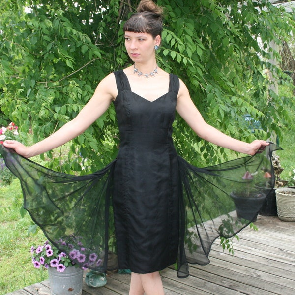 Vintage 40s COUTURE Black Organza WIGGLE Dress L 38 Bust