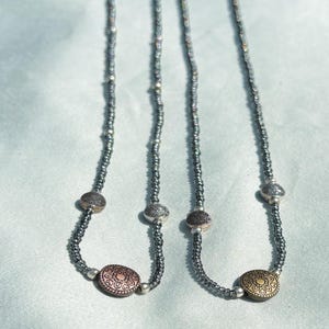 Boho Chic Bead Choker Necklace: Artisan Etched Mandala, Silver Accents Handmade