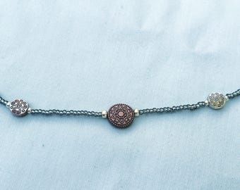 Boho Chic Bead Choker Necklace: Artisan Etched Mandala, Silver Accents Handmade