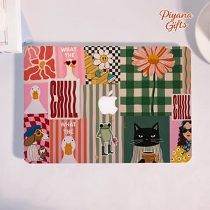 May include: A laptop skin featuring a collage of colorful illustrations including ducks wearing heart-shaped sunglasses, a daisy on stairs, a frog in boots, a black cat with a coffee mug, and a person in sunglasses. The text reads WHAT THE CHILL.