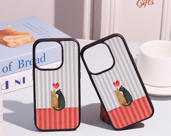 Coque de téléphone couple chat rayé pastel 17 16 15 14 13 12 11 Pro Max Plus, iPhone Air, 13 12 Mini, coque personnalisée, coque de téléphone personnalisée